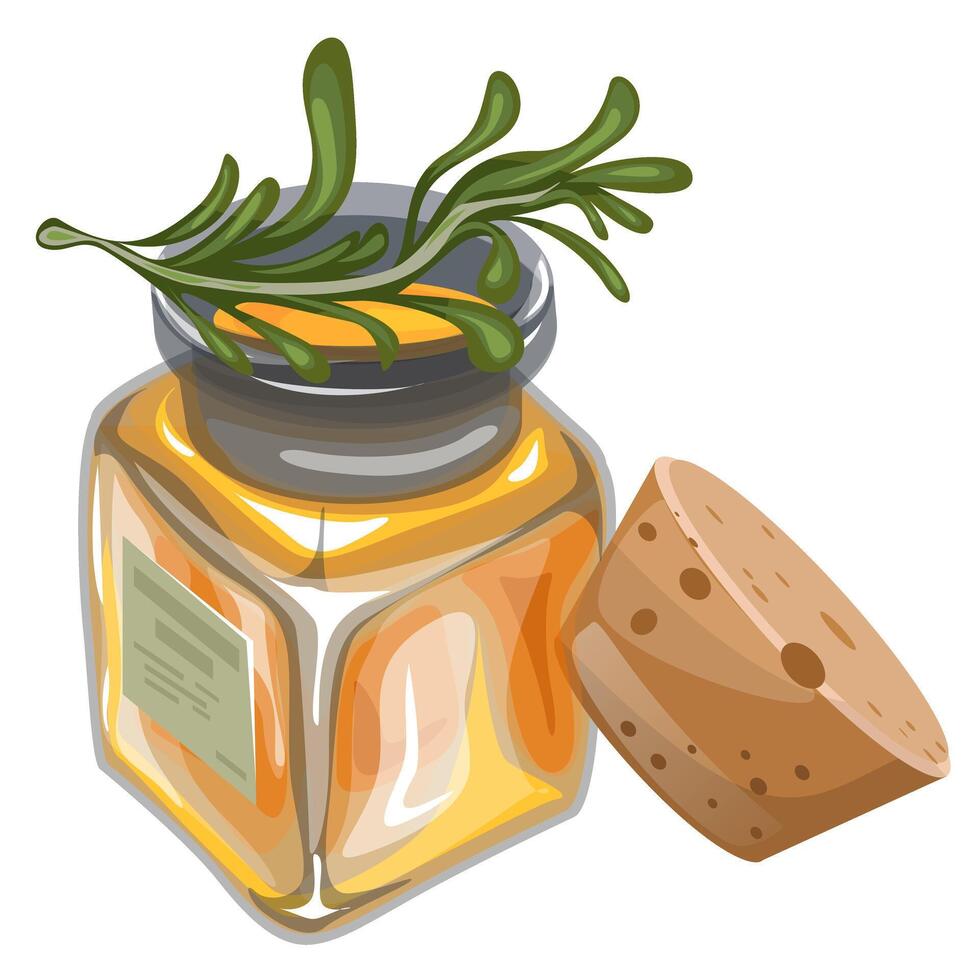 image of a vessel with vegetable oil and a sprig of marinade, as piquant complementary to each other. EPS 10 vector