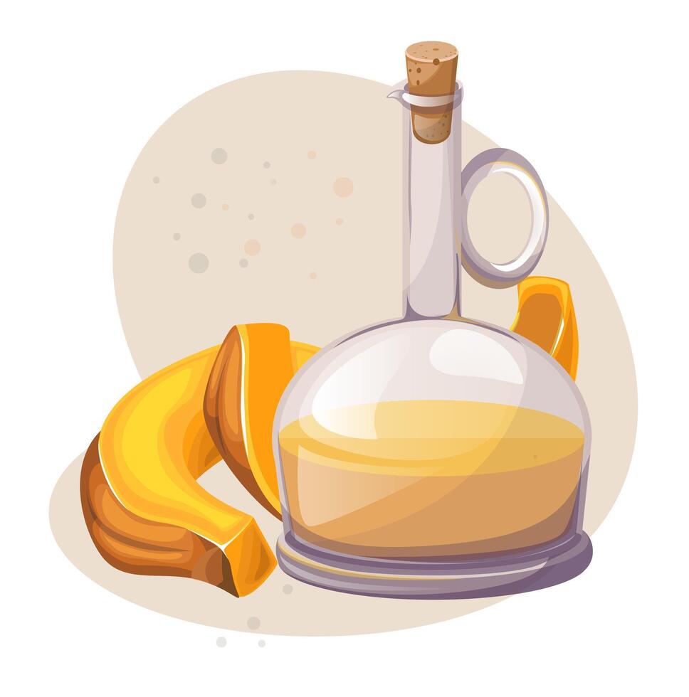 image of a vessel with vegetable oil and several pumpkin slices vector