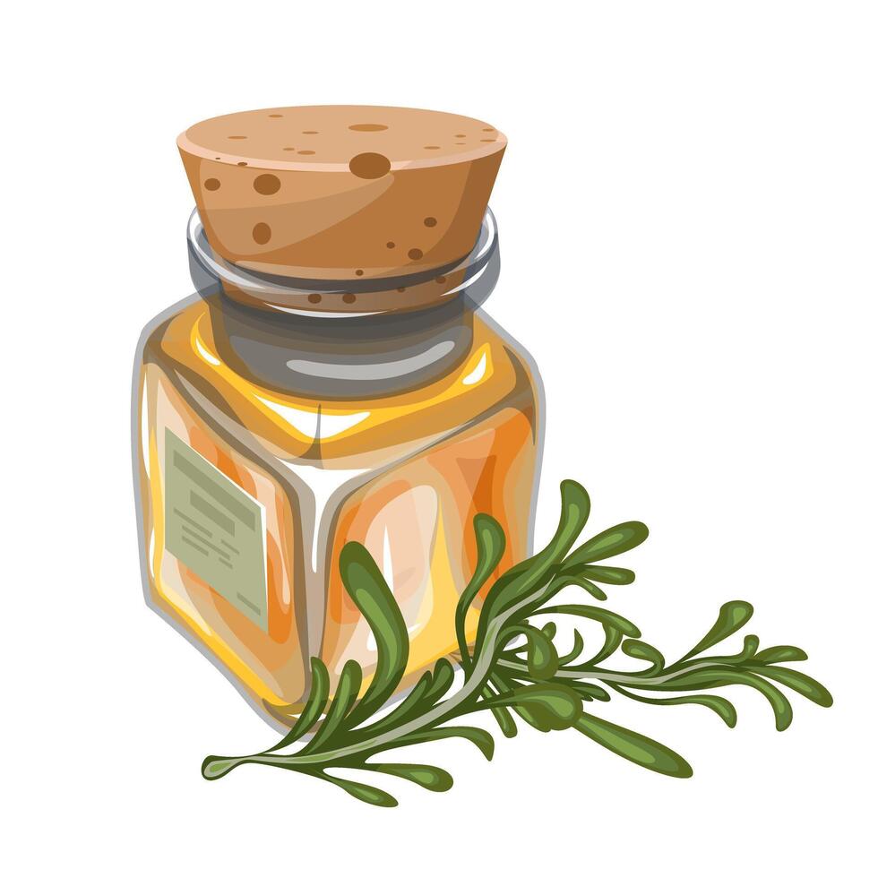 image of a vessel with vegetable oil and a sprig of marinade, as piquant complementary to each other. EPS 10 vector