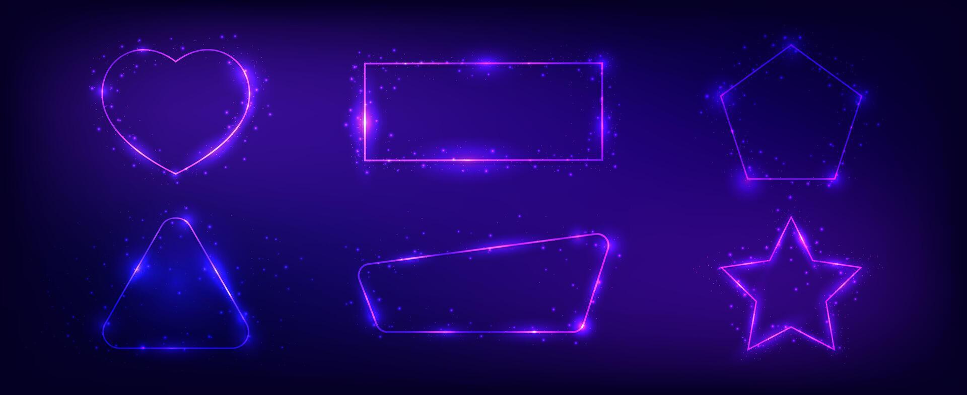 Set of six neon frames with shining effects vector