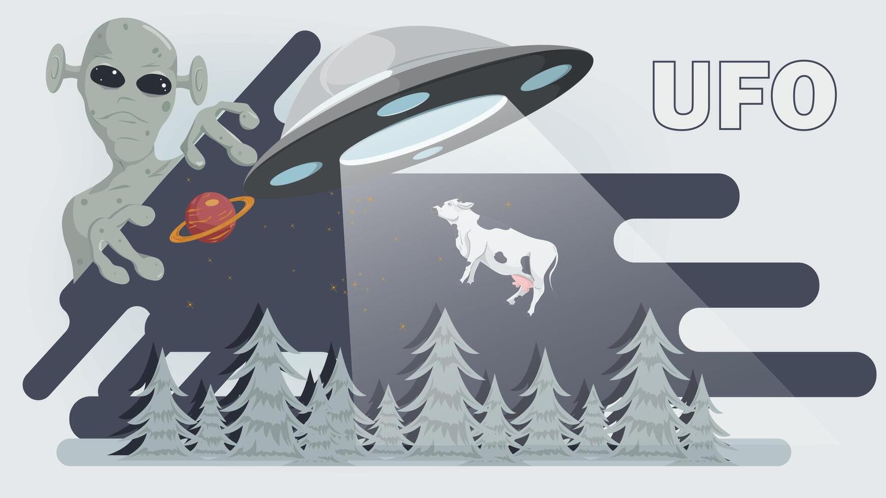 A flat illustration of an alien peeking out from behind a flying UFO over a forest vector