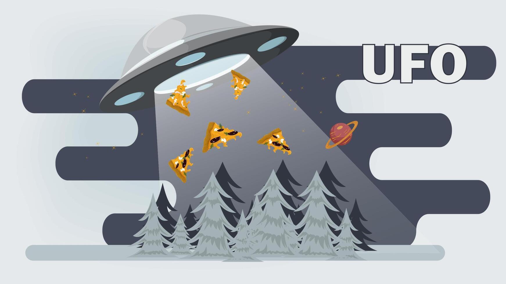 A flat illustration of a UFO stealing pizza slices at night in a forest against a starry sky vector