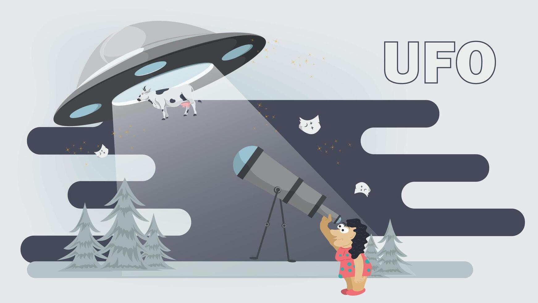 Flat illustration of a woman watching a flying UFO through a telescope vector
