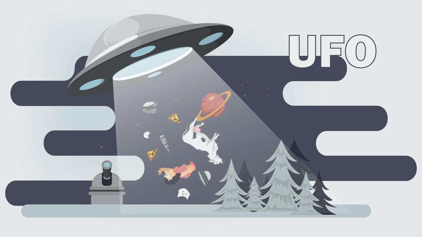 A flat illustration of a UFO stealing various objects and animals on a dark night vector