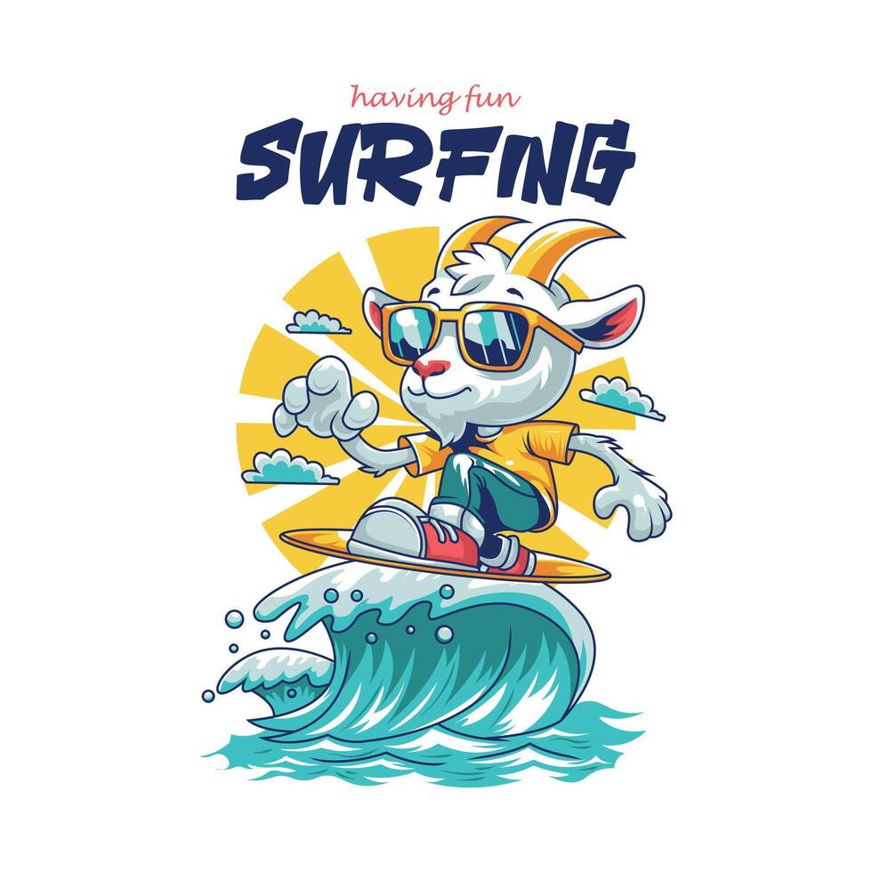 goat character surfing cartoon style illustration vector