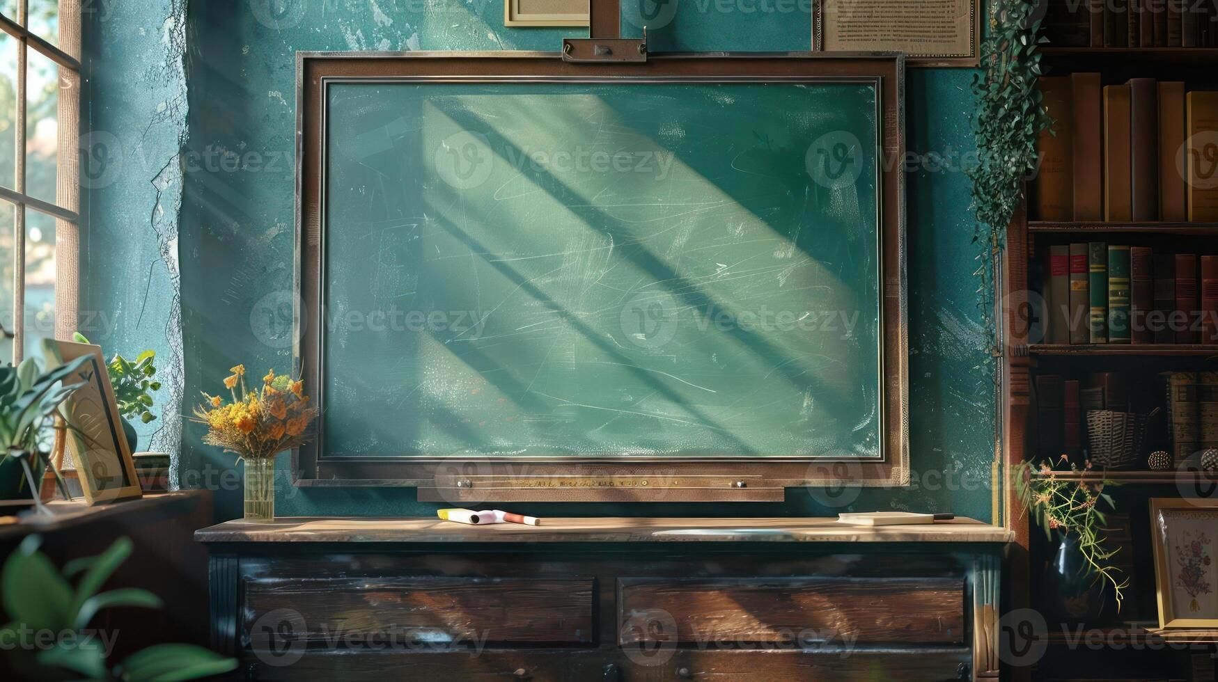a classroom with a large chalkboard and a desk photo