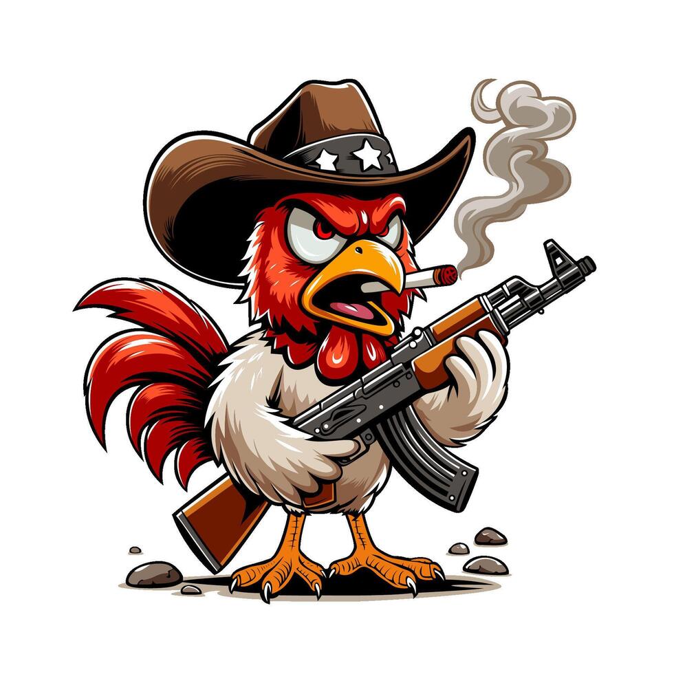 cartoon rooster with gun and hat vector