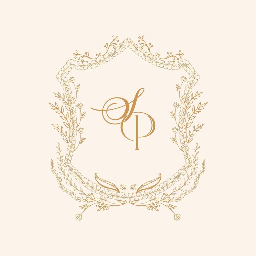 Floral S P, SP initial crest. Wedding monogram with flowers crest design. vector