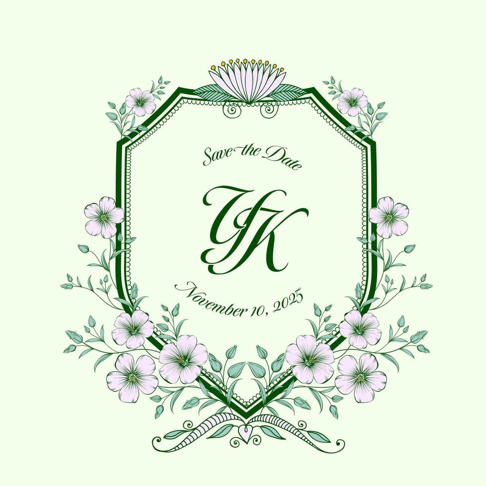 Elegant symmetrical floral crest with Y K, YK initials. vector