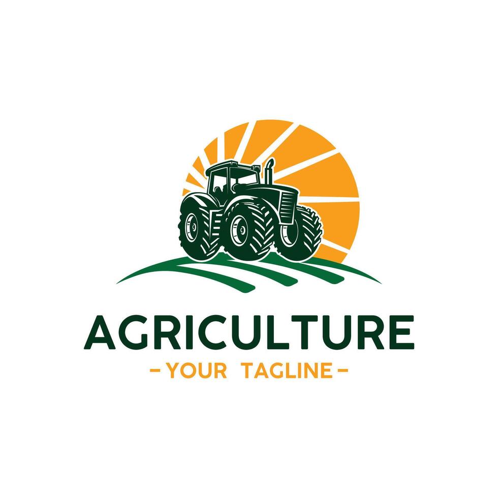 Tractor farming logo vehicle heavy equipment silhouette, farm land, agriculture logo design with creative idea vector