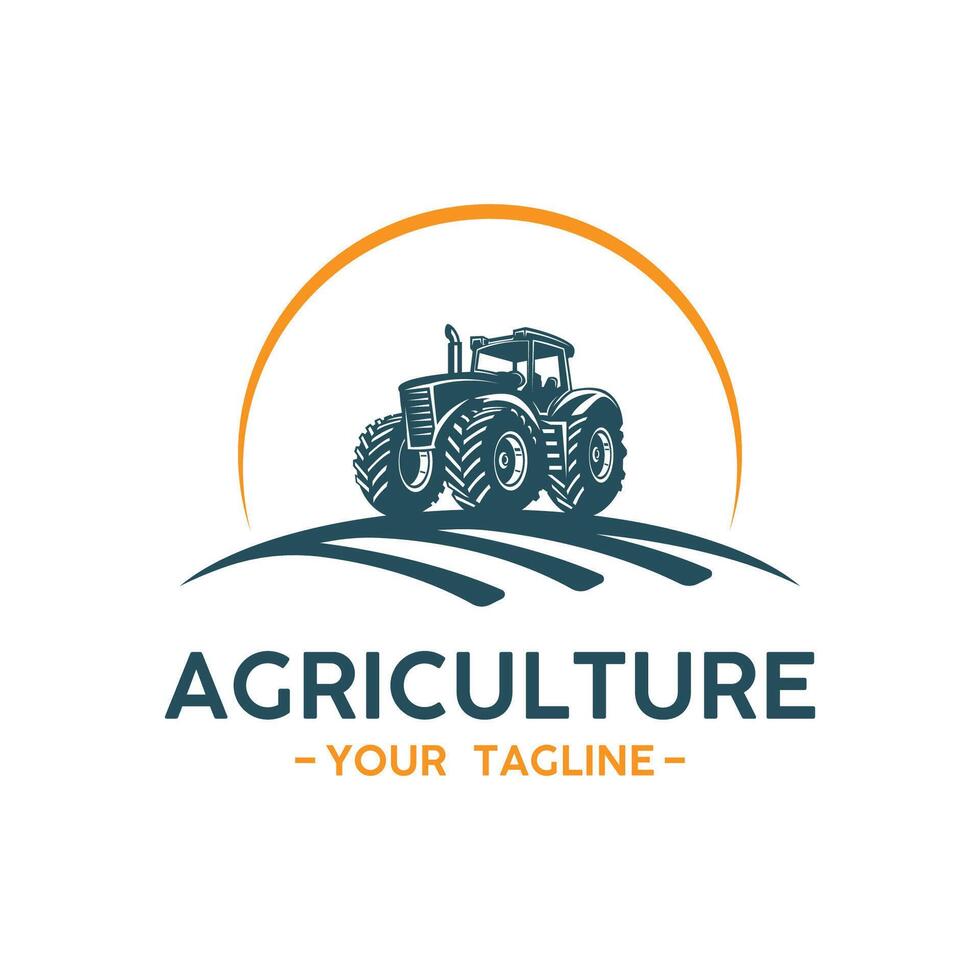 Tractor farming logo vehicle heavy equipment silhouette, farm land, agriculture logo design with creative idea vector