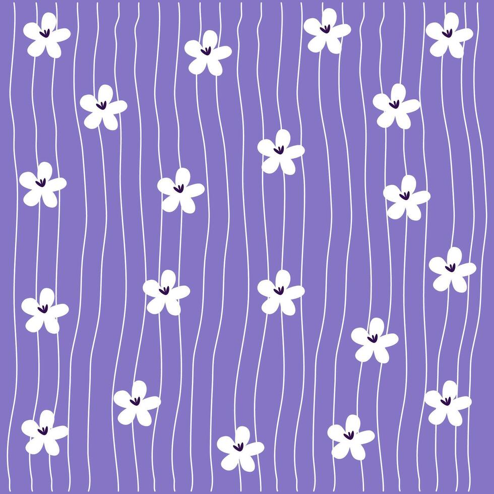 Hand drawn simple white flowers on purple with line for fabric, textile design, background vector