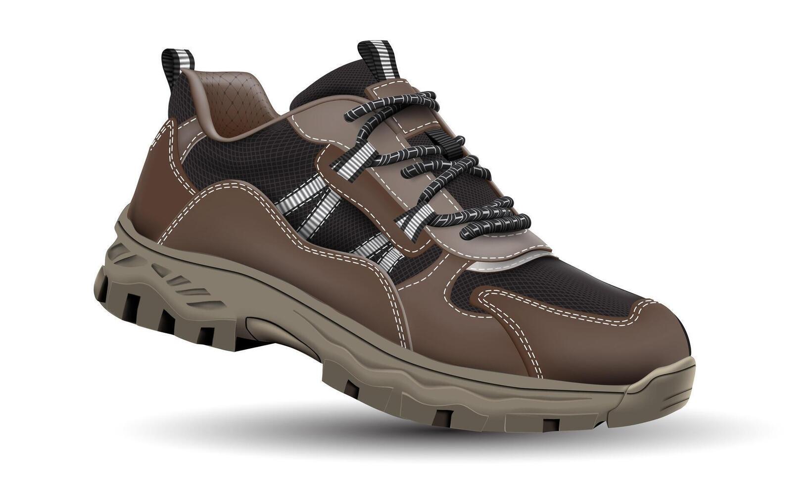 Realistic hiking shoe safety green leather rubber black fabric on white design for men vector