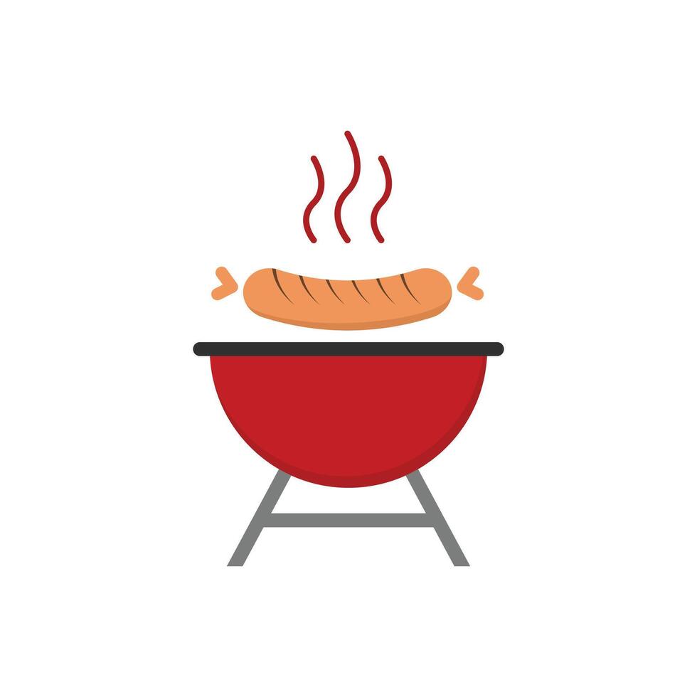 barbecue grill with sausage, fire and flames flat design template vector