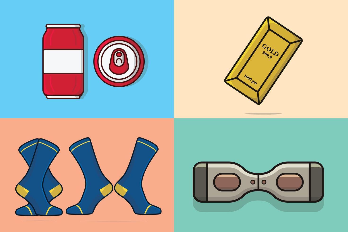 Collection of home objects illustration. Cooldrink gold, socks, and Hoverboard icon design. vector