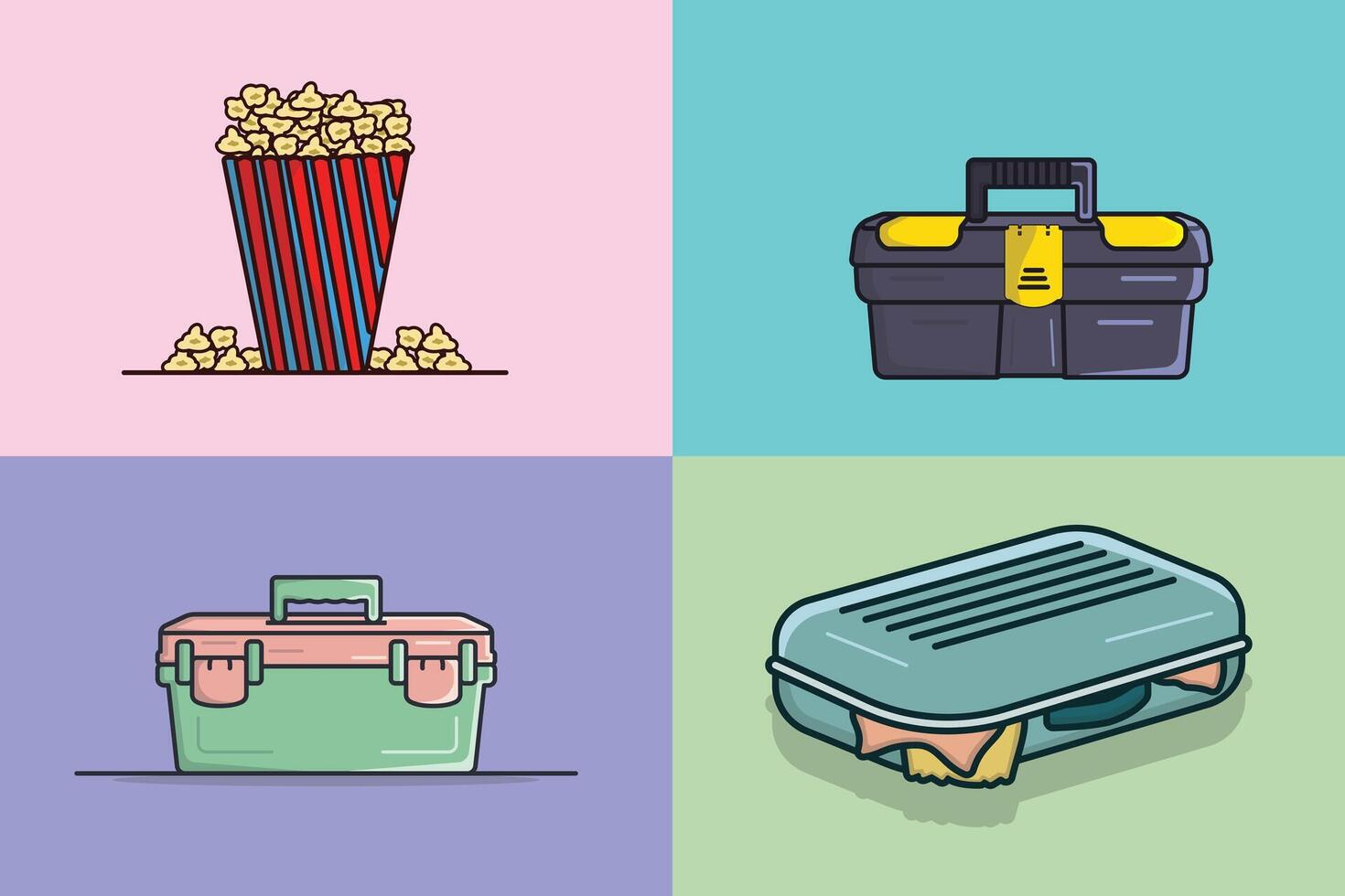 Collection of home objects illustration. popcorn, repairing toolbox, and lunch illustration. vector