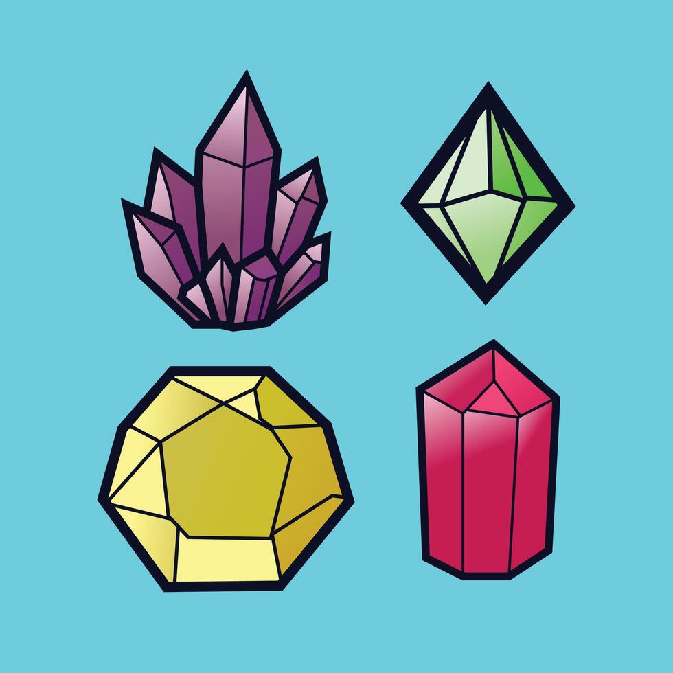 Game gemstone, magic jewel crystal or diamond icon, sapphire and amethyst, ruby and emerald treasure, royal precious gem. Fantasy cartoon gui trophy with texture, isolated set vector