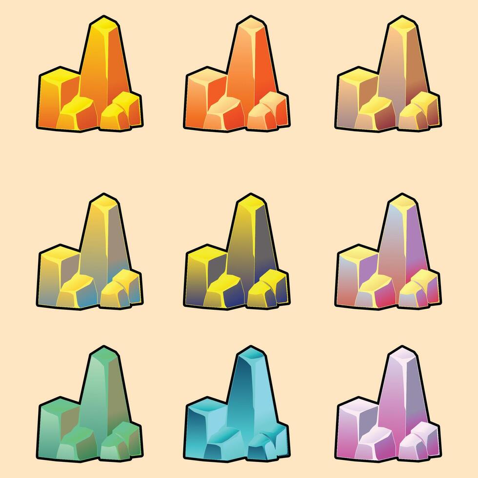 Set of isolated gold mine nuggets and rocks. Piles and heaps of golden gem stones. Solid jewels of natural shapes. Big and small shiny crystals of gemstones. Colored flat illustration vector