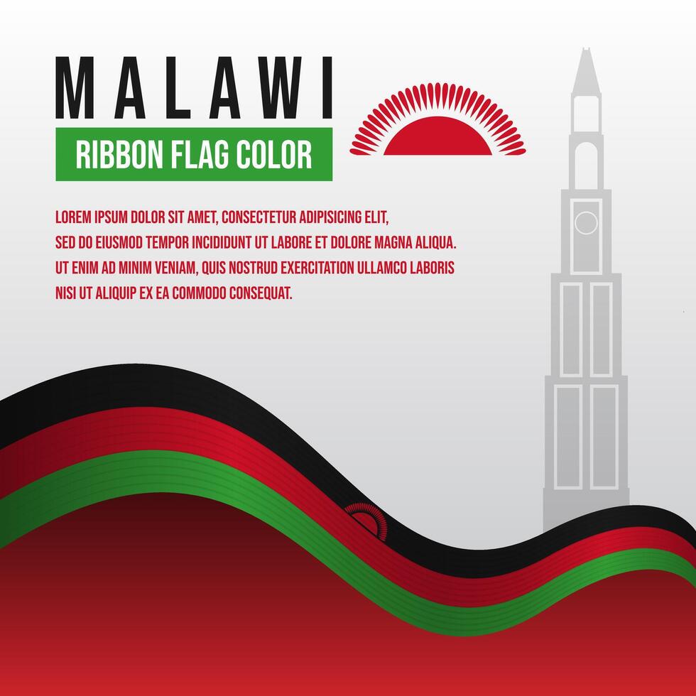 Malawi ribbon flag color with The Memorial Tower silhouette and decoration vector