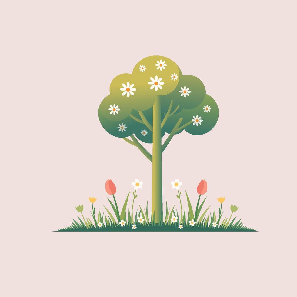A spring tree with green leaves with blooming flowers vector