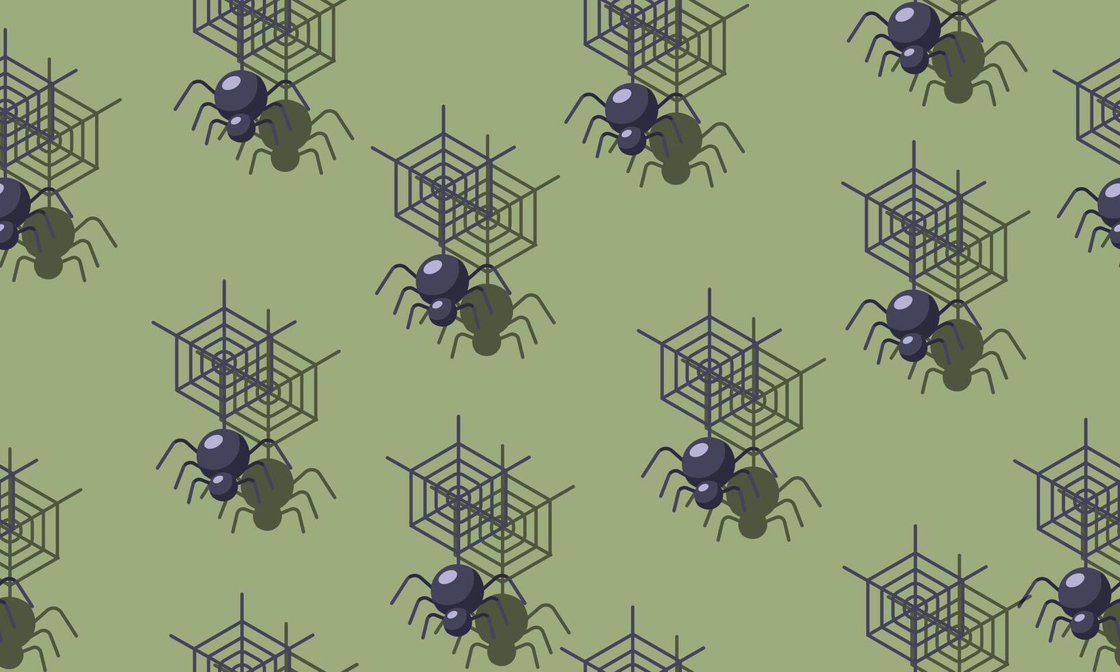 Spiders on webs seamless pattern on green background. vector