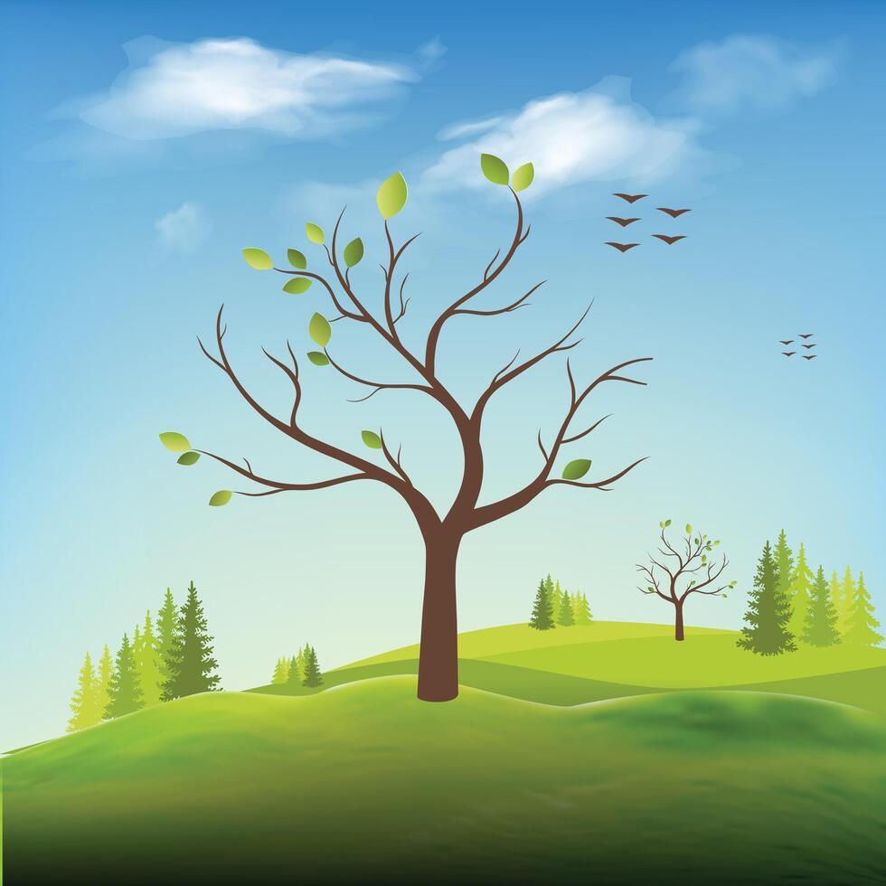 Green field, tree and blue sky. Gorgeous as background. vector