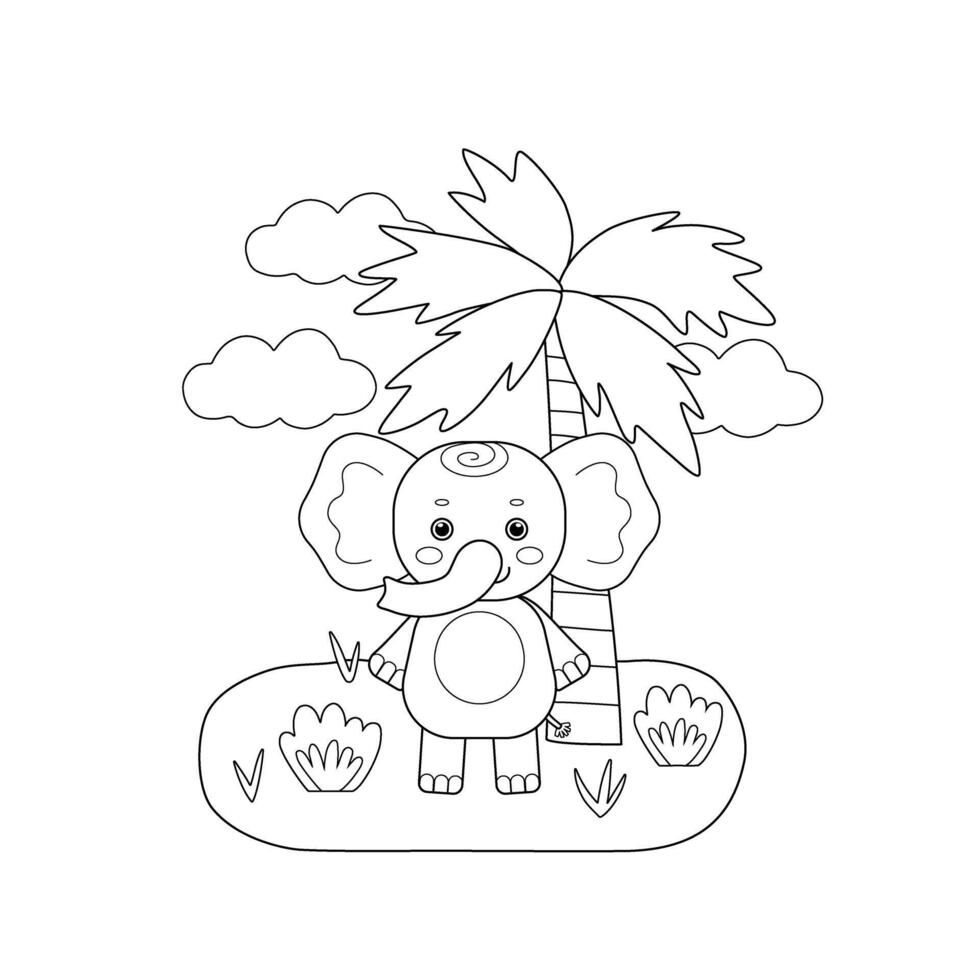 Kids coloring book with cute elephant palm tree clouds. Simple shapes, contour for small children. Cartoon illustration. vector
