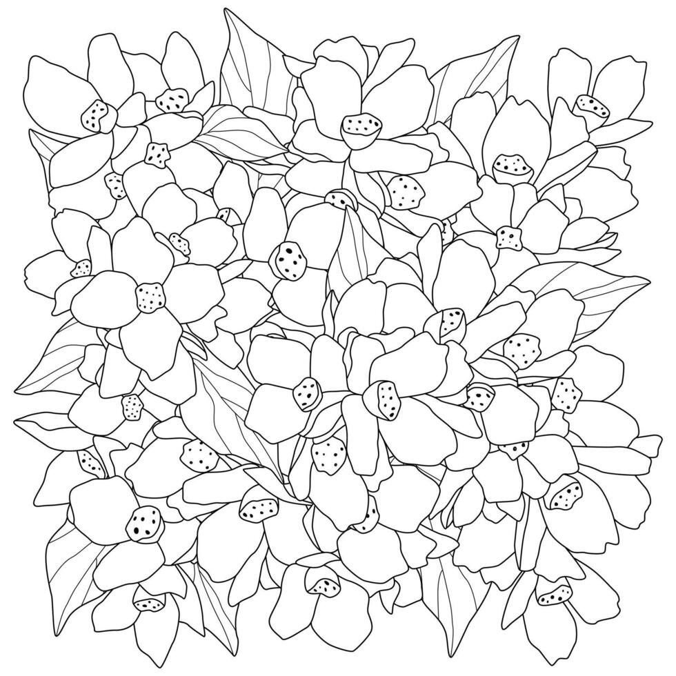 Square coloring full frame of flowers. Black and white illustration sketch contour drawing. vector