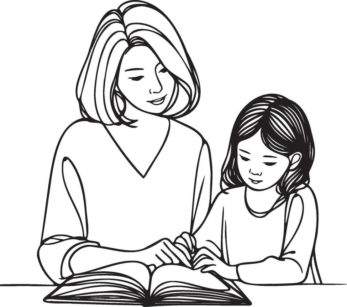 Mother and Kid Read Book Line Drawing. vector
