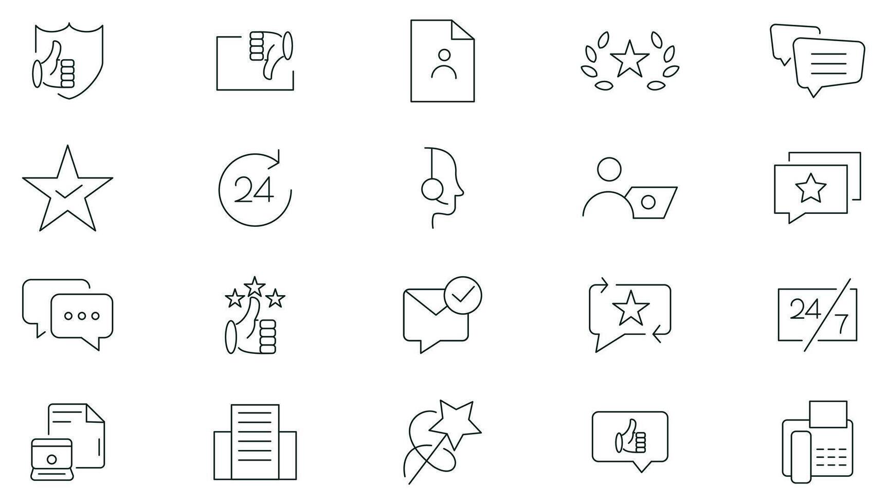 Customer service and support thin line icon set. Satisfaction, Support, Feedback, FAQ, assistance, support icons pack. Contact, help, feedback, 24 hrs Support Related outline icons. vector