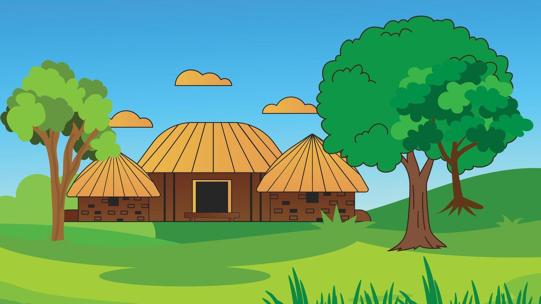 Indian village house with green field and tree vector