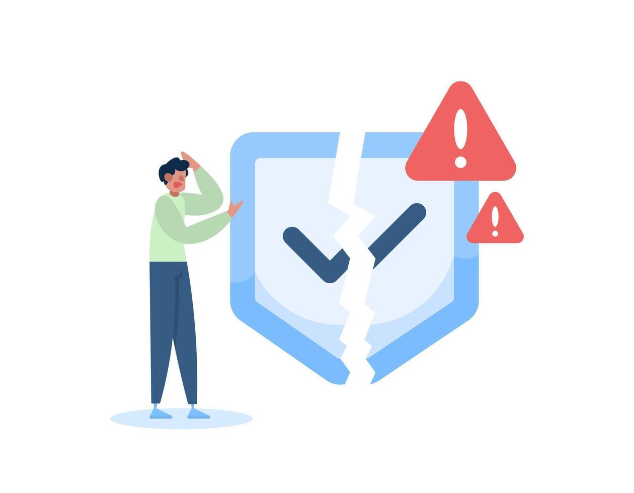 protection is weak and security fails. error protection system. illustration of man with split shield and warning sign. illustration concept design. graphic elements. flat style vector