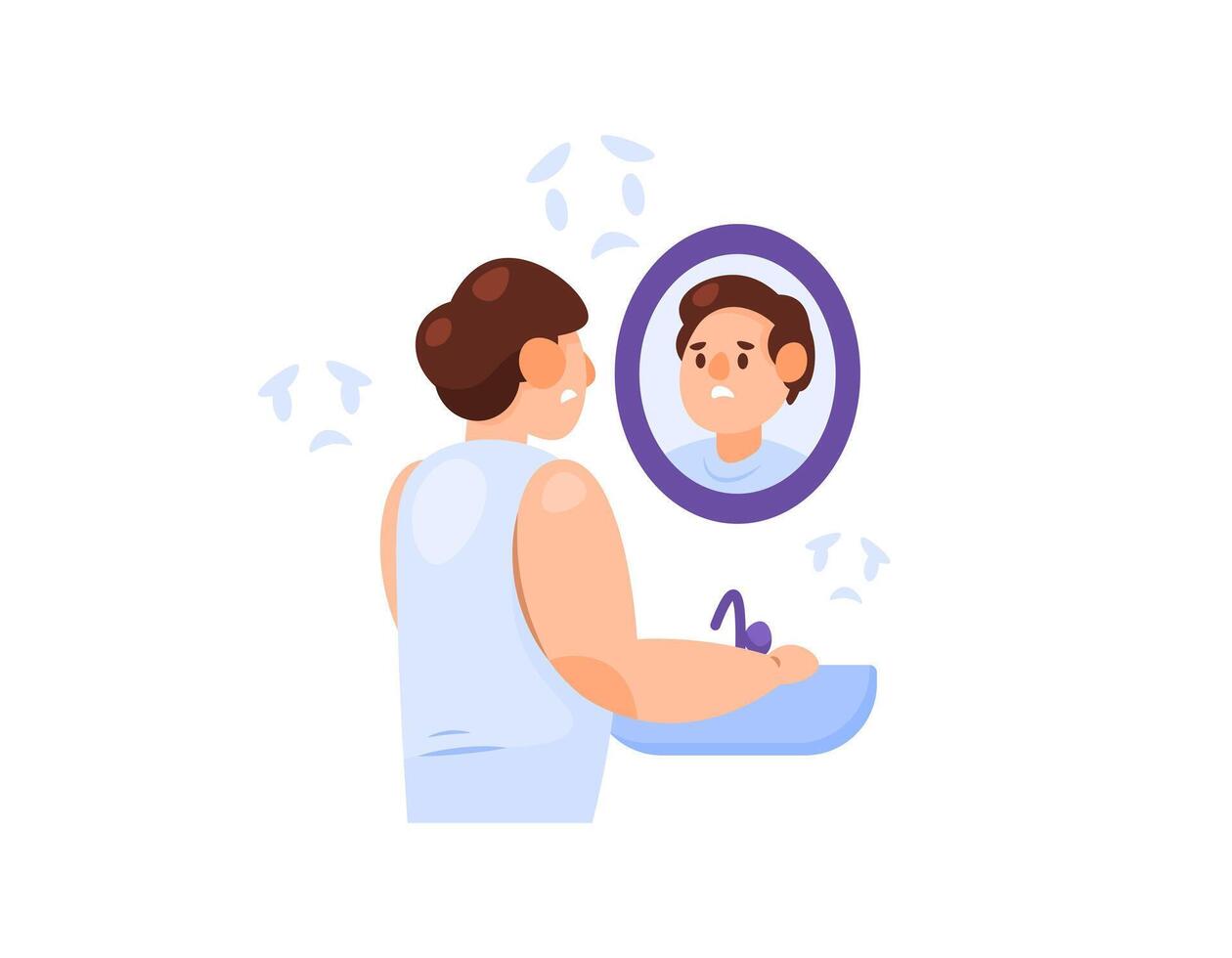 Illustration of a man who feels ugly when he sees a face in the mirror. Reflect. feel insecure. looks sad because of an ugly face or not good looking. facial skin problems. Character illustrations vector