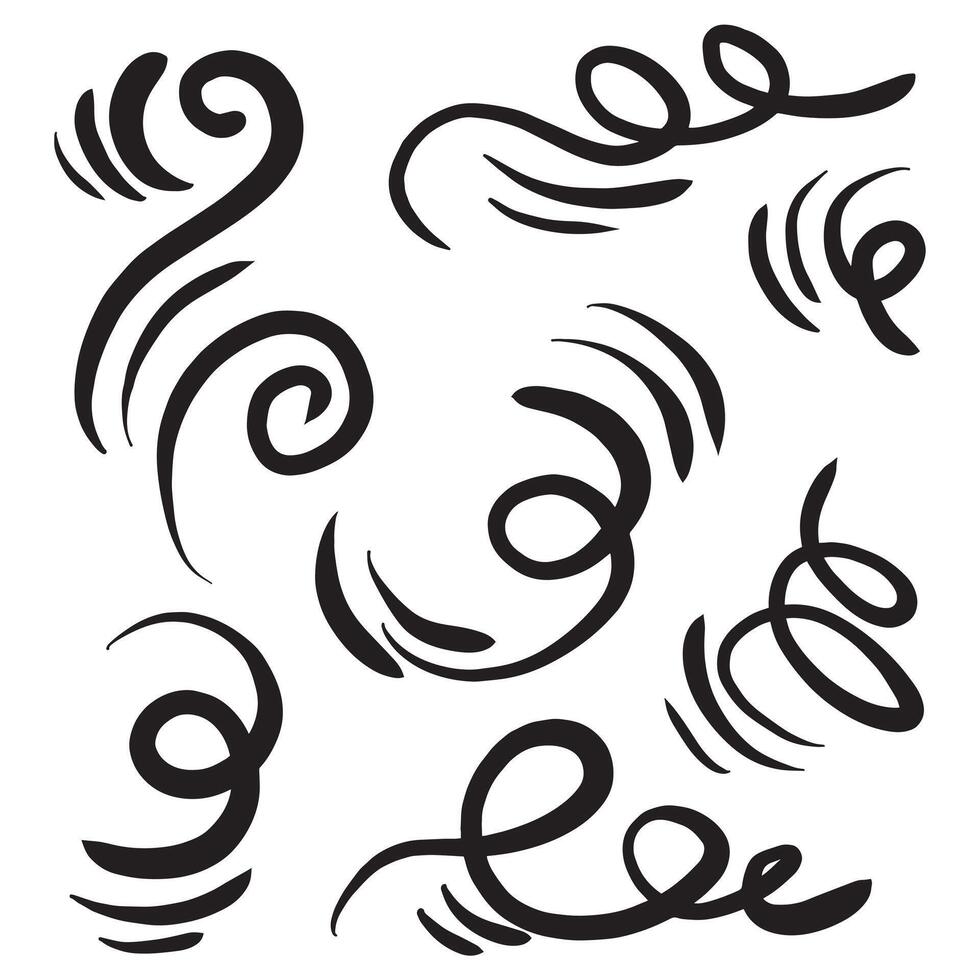 Doodle wind line sketch set. Hand drawn doodle wind movement, air blowing, vortex elements. Sketch of air blowing movement, abstract lines vector