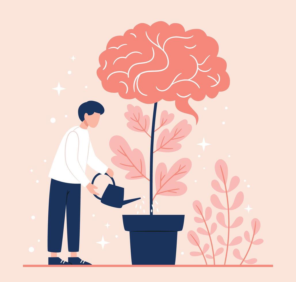 Man holds a watering can in his hand and waters a plant growing from his brain. vector