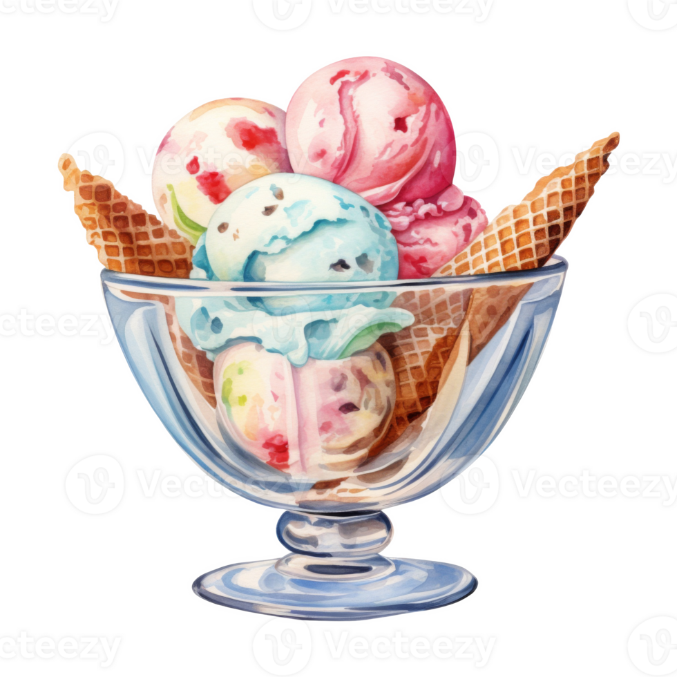 Bowl of Ice Cream, Ice Cream Illustration. Watercolor Style png