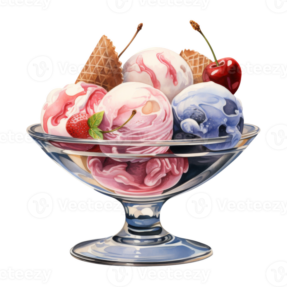 Bowl of Ice Cream, Ice Cream Illustration. Watercolor Style png
