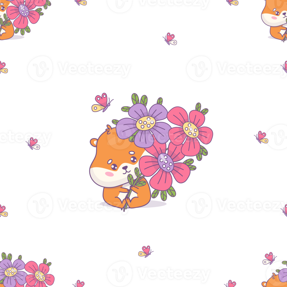 Seamless pattern with hamsters with bouquet of flowers png