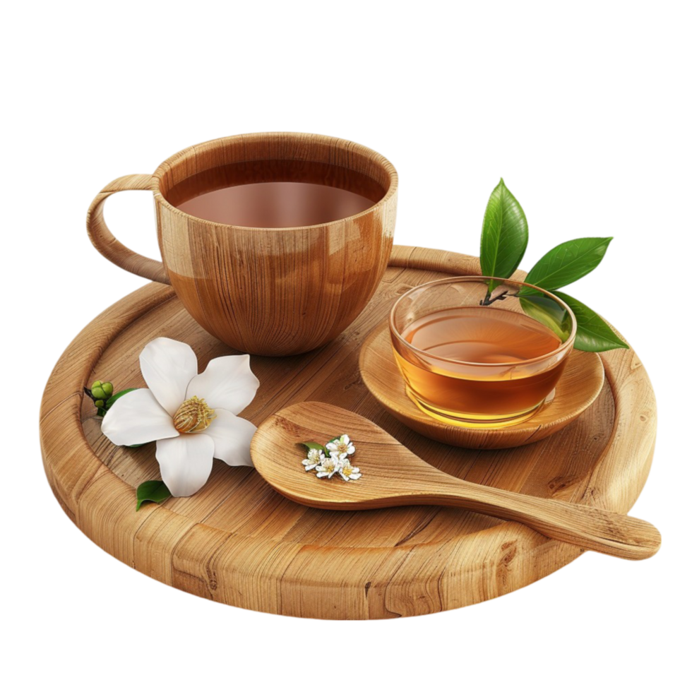 Cup of tea with flowers and leaves on a wooden plate with spoon and spoon on a wooden tray transparent background. png