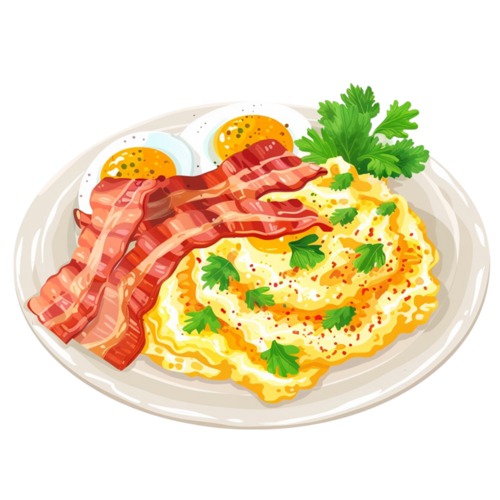 Scrambled eggs with bacon and eggs on a plate transparent background. png