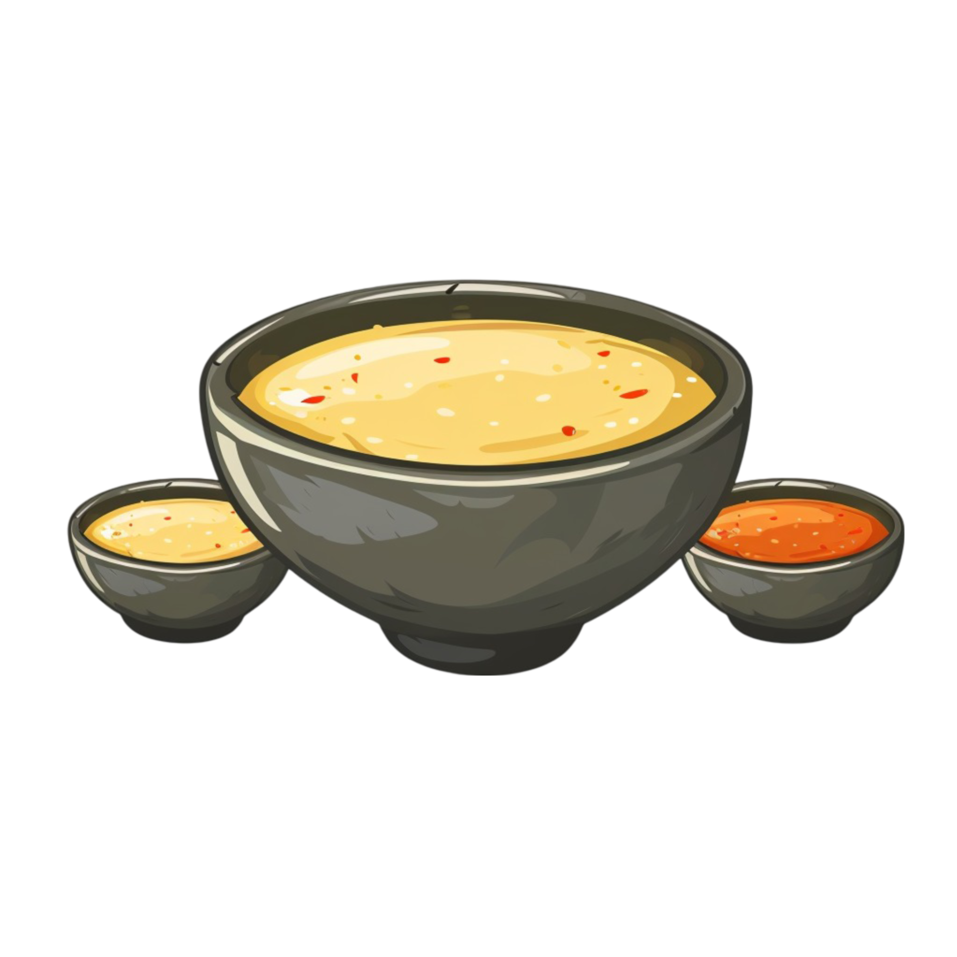 Bowl of soup with sauce and two bowls of soup transparent background