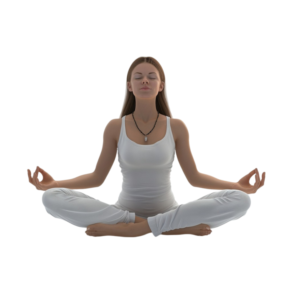 A woman in a white shirt and yoga pants is sitting in the lotus position transparent background. png