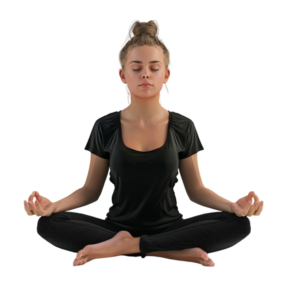A woman in a black shirt is sitting in a lotus position transparent background. png