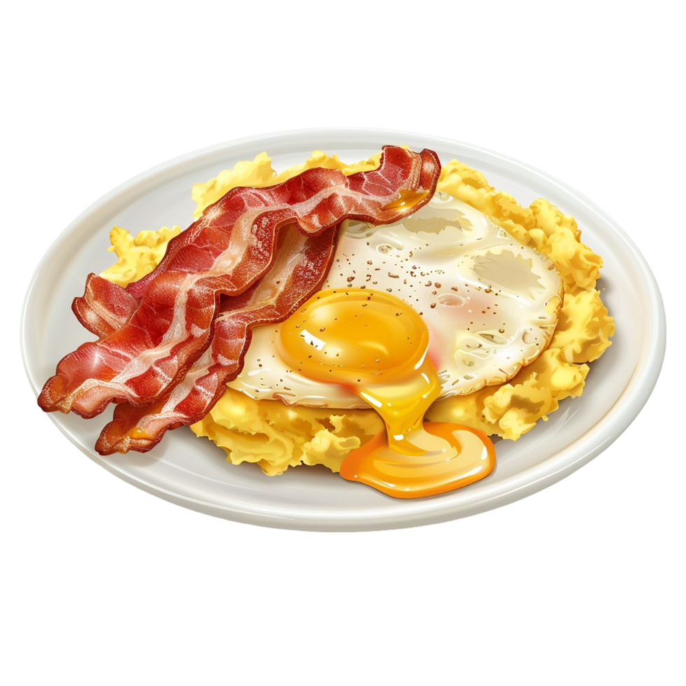 An egg and bacon on a plate with a transparent background. 46364405 PNG