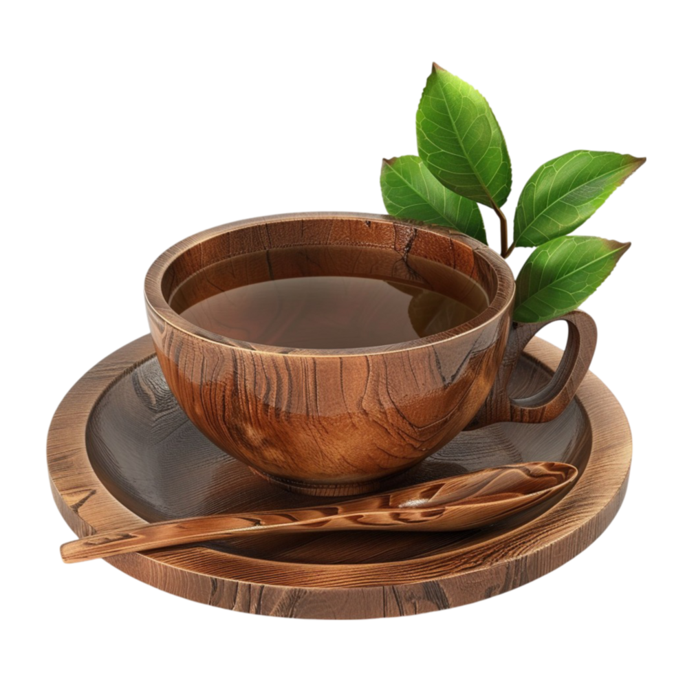 Wooden cup and saucer with tea leaves and spoon on transparent background png