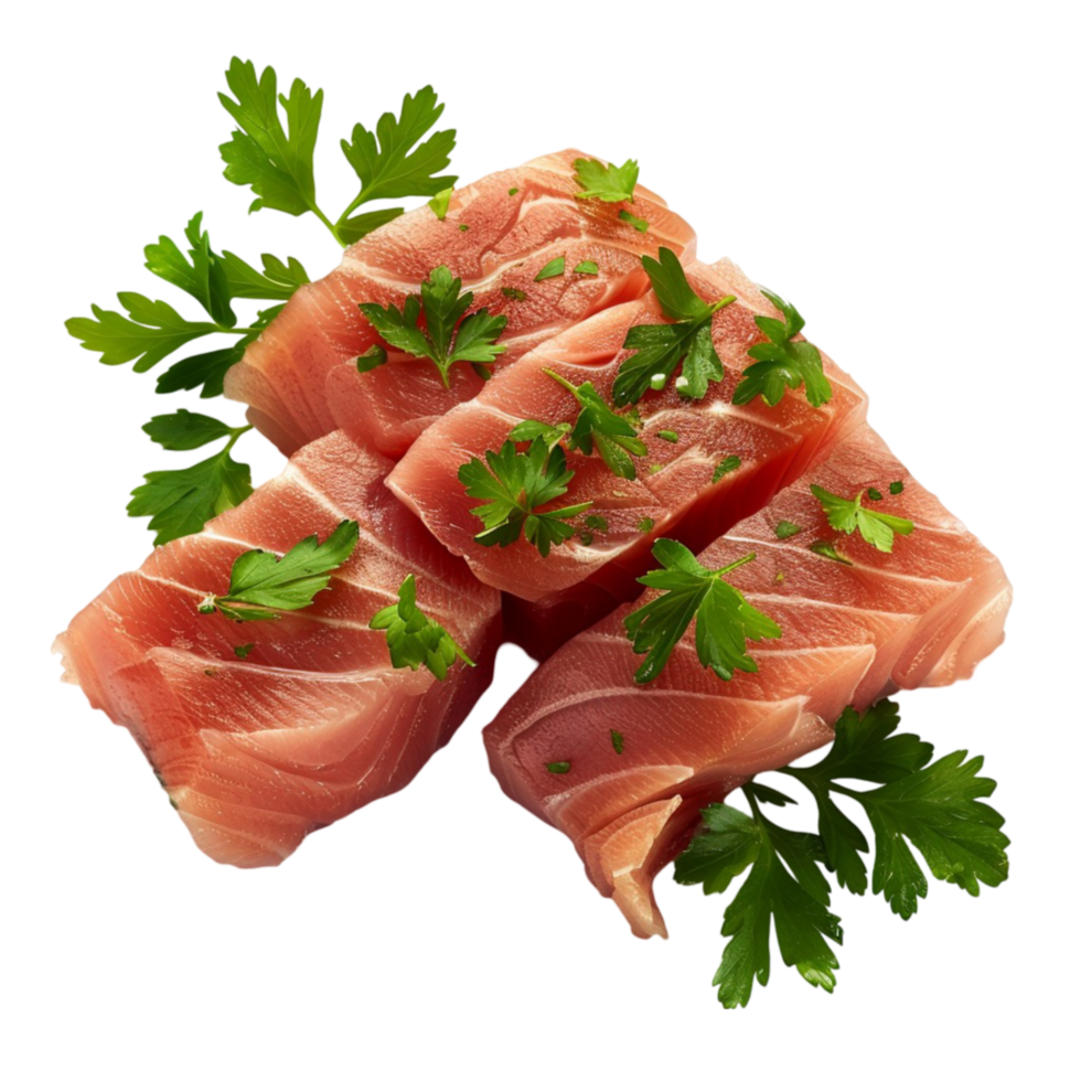 Raw salmon fillet with parsley on transparent background. png