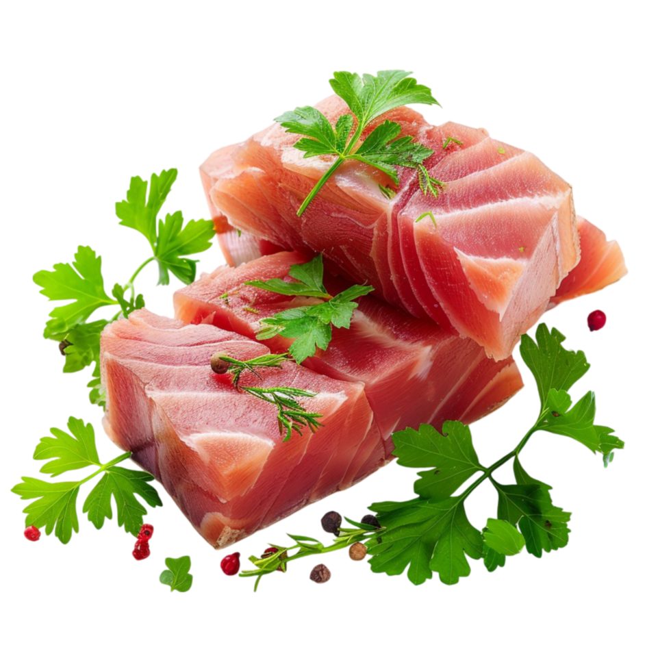 Raw tuna steak with herbs and spices on a transparent background. png