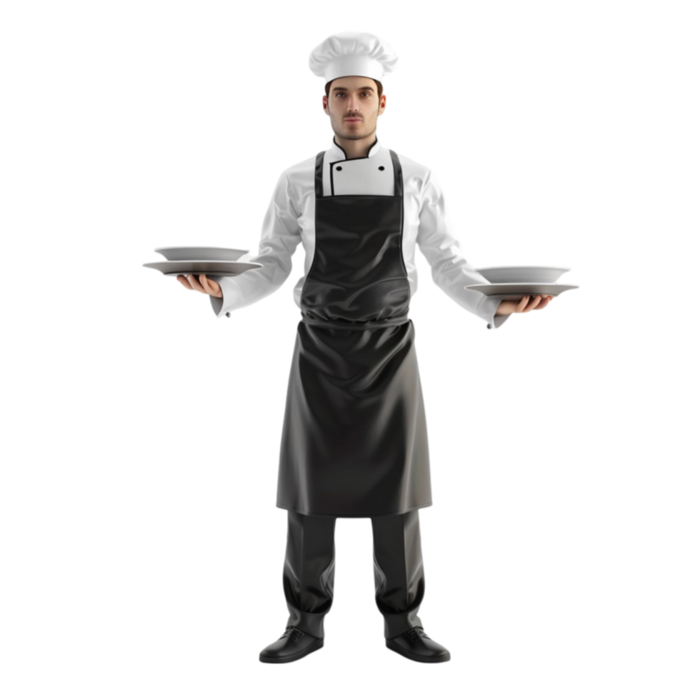 a chef holding two plates on his hands on transparent background. png