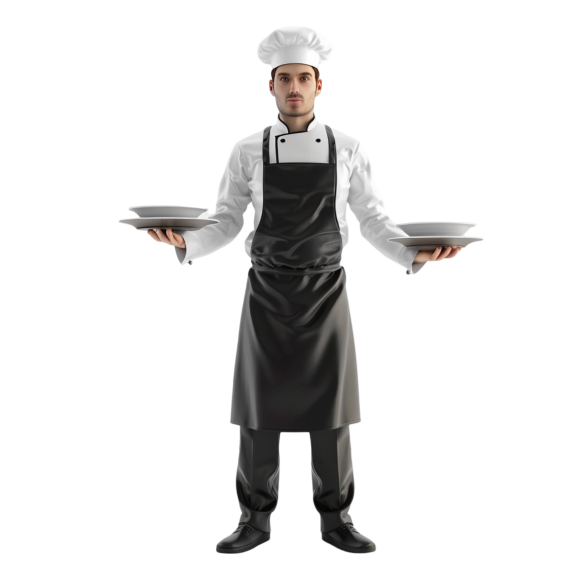 a chef holding two plates on his hands on transparent background