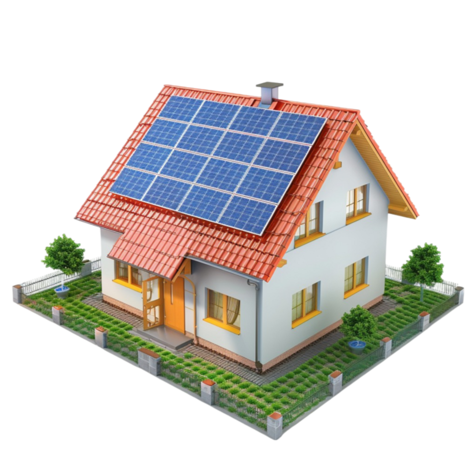 house with solar panels on the roof on transparent background. png